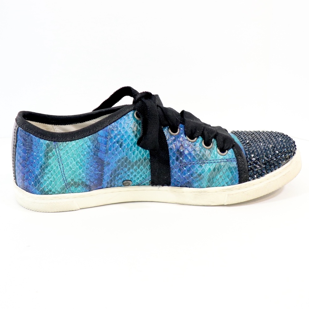 Embellished blue snakeskin lace up sneakers